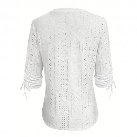 Eyelet V Neck Button T-Shirt, Casual Ruched Drawstring Long Sleeve T-Shirt, Women's Clothing
