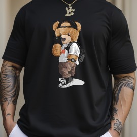 Cartoon Teddy Bear Print, Men's Graphic Design Crew Neck T-shirt, Casual Comfy Tees Tshirts For Summer, Men's Clothing Tops For Daily Vacation Resorts