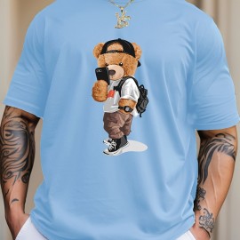 Cartoon Teddy Bear Print, Men's Graphic Design Crew Neck T-shirt, Casual Comfy Tees Tshirts For Summer, Men's Clothing Tops For Daily Vacation Resorts