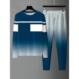 Men's Gradient 2Pcs Outfits, Casual Long Sleeve Pullover Hooded Sweatshirt And Sweatpants Joggers Set For Spring Fall, Men's Clothing