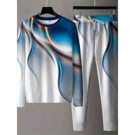 3D Pattern Print, Men's 2Pcs Outfits, Casual Crew Neck Long Sleeve Shirts T-shirt And Drawstring Sweatpants Joggers Set For Summer, Men's Clothing