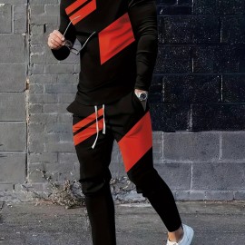 3D Pattern Print, Men's 2Pcs Outfits, Casual Crew Neck Long Sleeve Shirts T-shirt And Drawstring Sweatpants Joggers Set For Summer, Men's Clothing