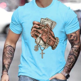 Hands Money Print, Men's T-shirt, Round Neck Short Sleeve Tops, Patterned T-shirt, Men's Summer Wear, Men's Clothing