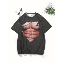 Sexy Muscle 3D Digital Pattern Print Men's Graphic T-shirts, Causal Comfy Tees, Short Sleeves Comfortable Pullover Tops, Men's Summer Clothing