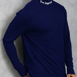 LOS ANGELES Print Men's Casual Turtleneck Long Sleeve Fit Slim T-shirt, Spring Fall