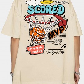 Cotton Blend Cartoon Basketball Print, Men's Graphic Design Crew Neck Novel T-shirt, Casual Comfy Drop Shoulder Loose Tees For Summer, Men's Clothing For Daily Vacation Resorts