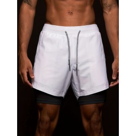 2-in-1 Double Layer Shorts With Inner Zipper Pocket, Men's High Stretch Sports Shorts For Summer Gym Workout Training