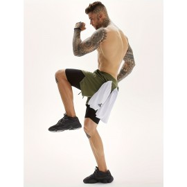 2-in-1 Double Layer Shorts With Inner Pocket, Men's Mid Stretch Sports Shorts For Summer Gym Workout Training