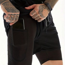 2-in-1 Double Layer Shorts With Inner Pocket, Men's Mid Stretch Sports Shorts For Summer Gym Workout Training