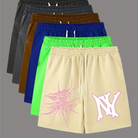Graphic Pattern Comfy Shorts, Men's Casual Slightly Stretch Elastic Waist Drawstring Shorts For Summer Basketball Beach Resort
