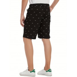 Casual Cotton Slightly Stretch Fish Bone Pattern Drawstring Shorts, Men's Cropped Pants For Summer
