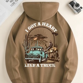 I Got A Heart Like A Truck Cowboy Riding Horse Print Men's Cool Streetwear Hoodies, Casual Loose Hooded Pullover With Kangaroo Pockets, Crew Neck Sweatshirt For Men For Fall And Winter, As Gifts
