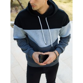 Cool Color Block Hoodies For Men, Men's Casual Design Hooded Sweatshirt With Kangaroo Pocket Streetwear For Winter Fall, As Gifts