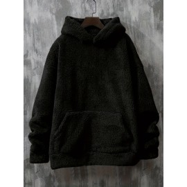 Coral Fleece Solid Color Hoodies For Men, Warm Hoodie With Kangaroo Pocket, Comfy Loose Trendy Hooded Pullover, Men's Clothing For Autumn Winter