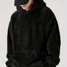 Coral Fleece Solid Color Hoodies For Men, Warm Hoodie With Kangaroo Pocket, Comfy Loose Trendy Hooded Pullover, Men's Clothing For Autumn Winter