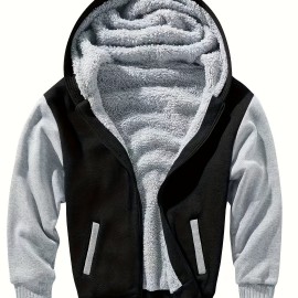 Color Block Sherpa Lined Men's Hooded Jacket Casual Long Sleeve Hoodies With Zipper Gym Sports Hooded Coat For Winter Fall