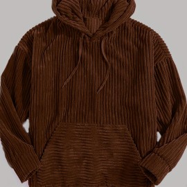Vintage Corduroy Hoodies For Men, Men's Casual Pullover Hooded Sweatshirt With Kangaroo Pocket Streetwear For Winter Fall, As Gifts
